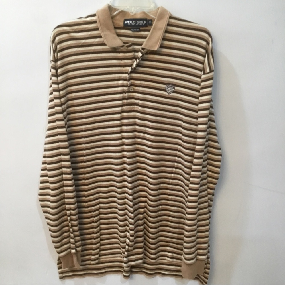 Polo Ralph Lauren XL Golf Long Sleeve Brown Tan White Logo Vintage Collar